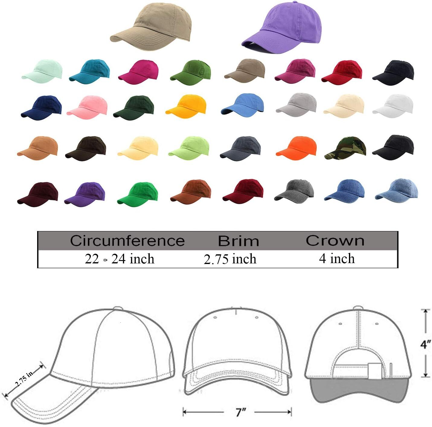 Baseball Cap Dad Hat 100% Cotton Polo Style Plain Blank Adjustable Size.