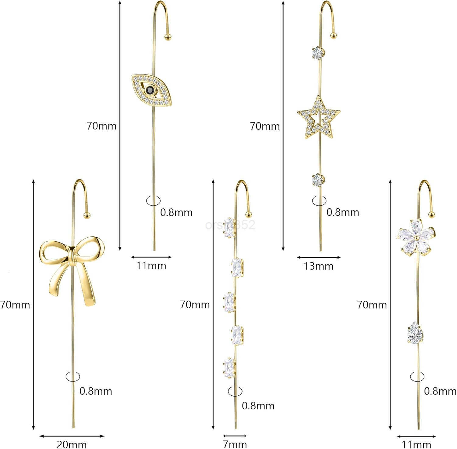 Ear Crawler Helix Hook Earrings for Women Hypoallergenic Surgical Steel Ear Cuff Snowflake Lightning Bolt Rhinestone Designs Trendy ClipWrap Jewelry f