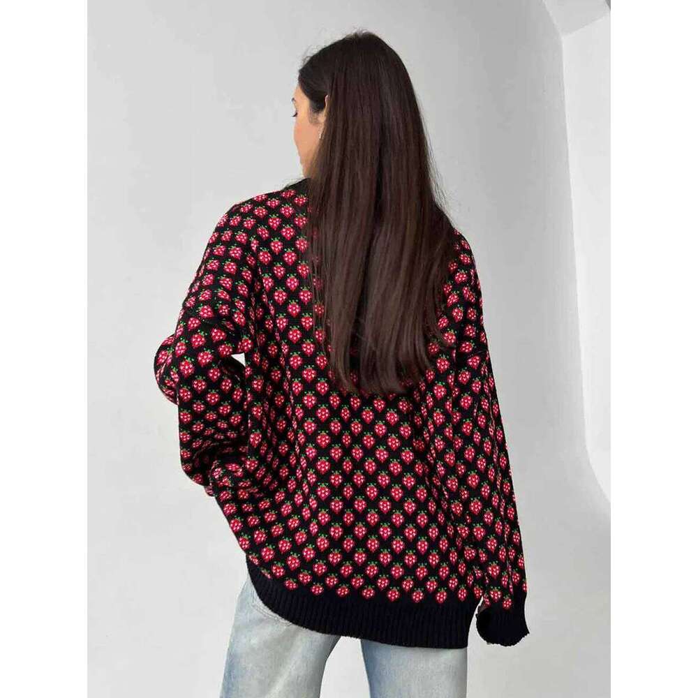 Blubelle Women's O - Neck Pullover Knit Sweater Loose Fit Soft Strawberry Print Oversized Cozy Autumn Winter Casual Pullovers