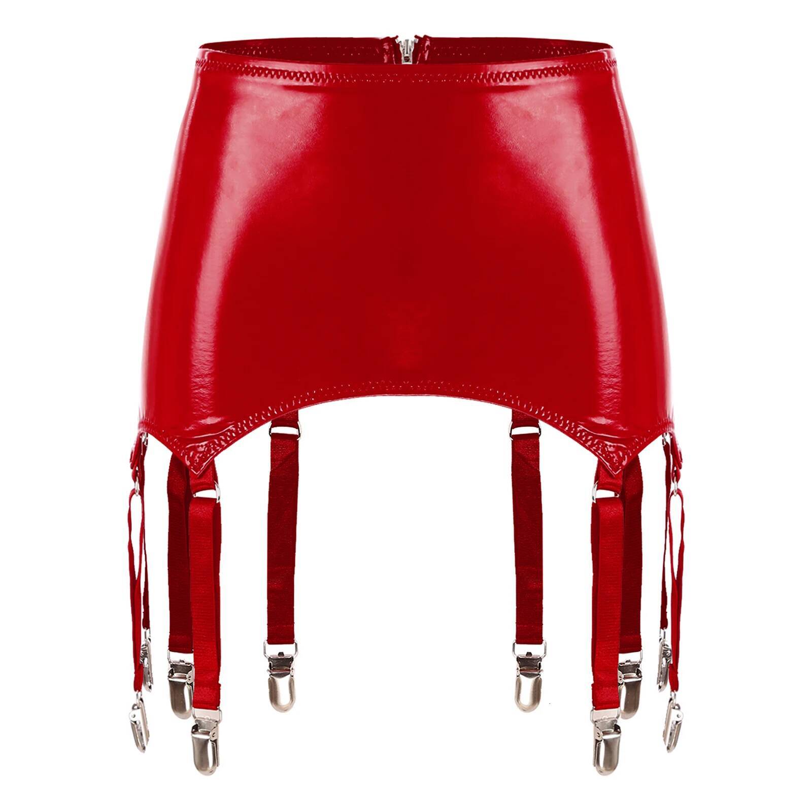 Womens Suspender Belt Latex Ladies Wet Look Patent Leather Mini Skirts Garters with Metal Clips Clubwear Costume dongdumaoyi