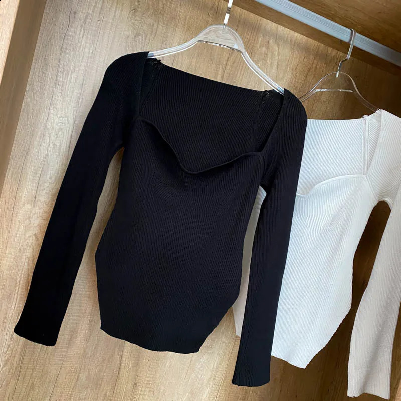 Square Collar Knitted Pullover Women Spring Autumn Sweater Winter TopsLong Sleeve Woman Sweaters For Black White Jumper 250911