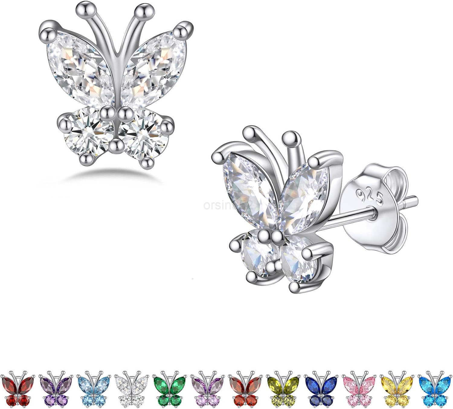 Sterling Silver Butterfly Earrings for Women Dainty Cute Birthstone Studs Hypoallergenic Jewelry Great Birthday GiftW250911