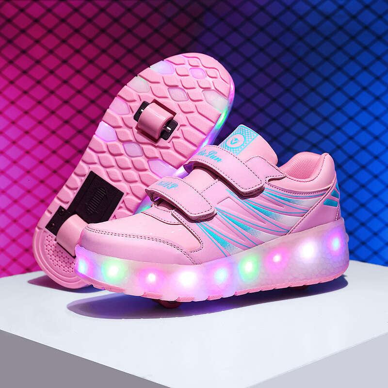 2025 Free shipping designer Children's Roller Double Wheel Girls' Breathable LED Light Shoes USB Charging Outdoor Sports Skates