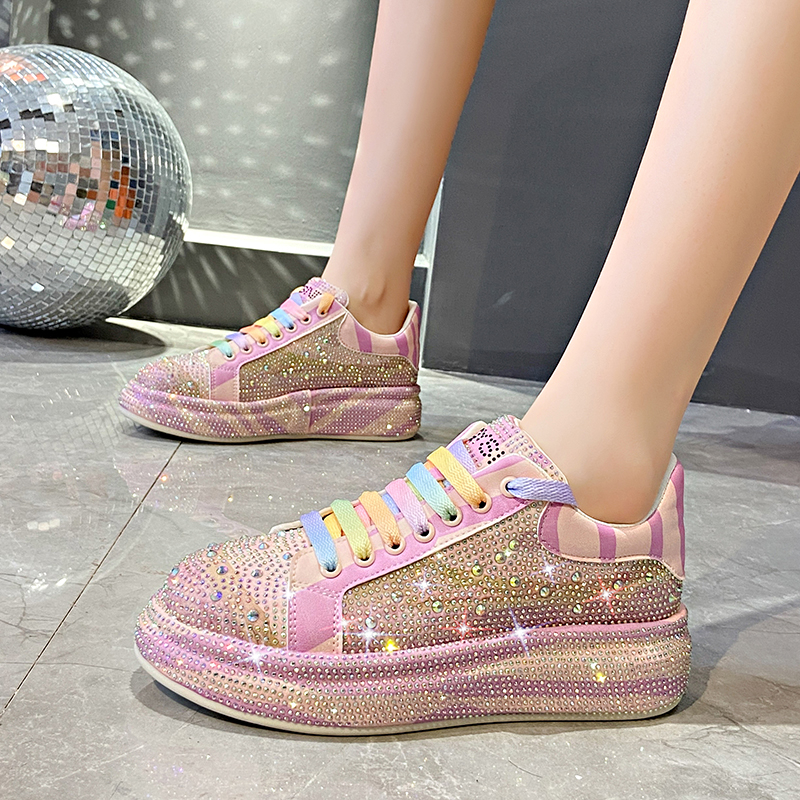 Luxury Leather Shoes Fashion Platform Shoes Platforms Designer Sneakers Tide Shine Bling Rhinestone Shoes Casual Shoes Lace Up Flat Sneakers Zapatos D