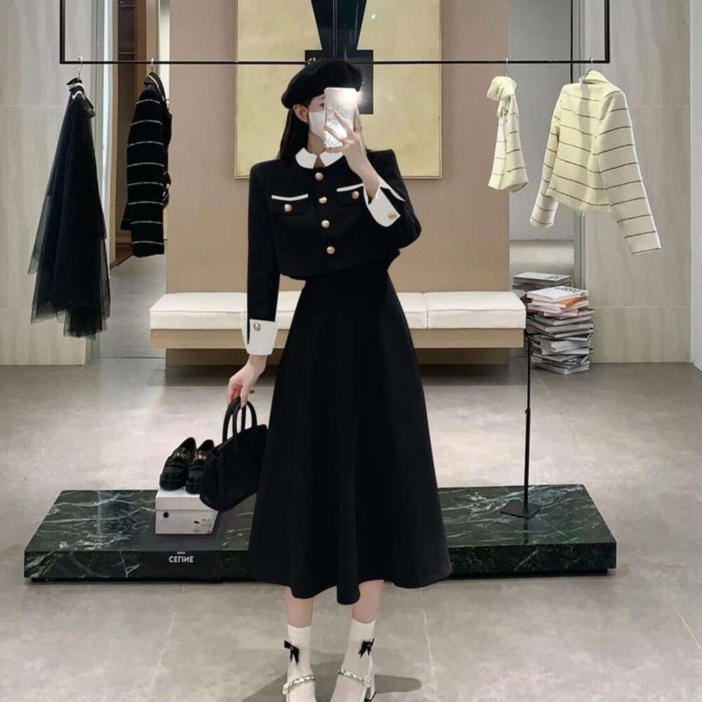 DHEssentials Plus Size Slimming Little Chanel Style Velvet Suit High-end French Coat Top High-waisted Skirt Two-piece Set for Women