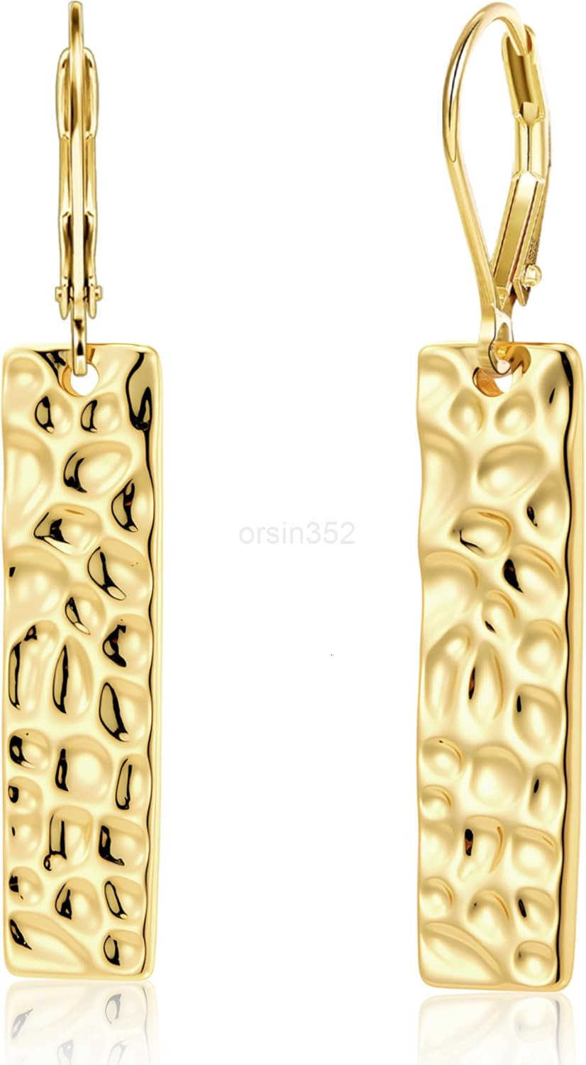925 Sterling Silver Dangle Earrings for Women 14K Gold Plated French Leverback Earrings Hypoallergenic Lightweight Statement Hammer Square Bar Long Dr