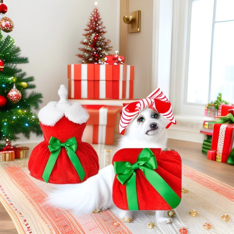 Christmas Dog Dresses with Velvet Fabric & Lamb Wool Collar For Small Dogs Clothes Christmas Cosplay Cat Pet Dog Dress Fancy Princess Puppy Dress for 