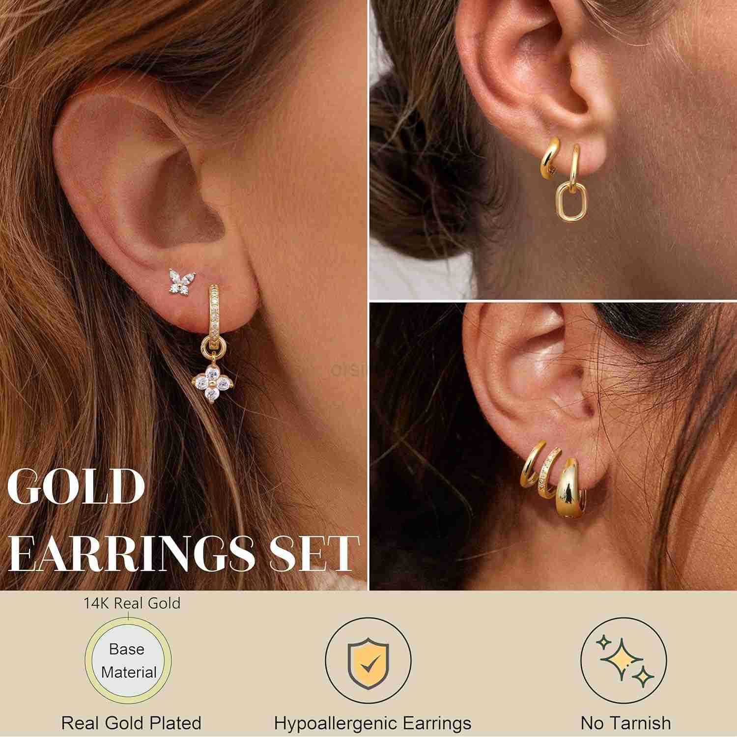 Small Gold Hoops Earrings for Women 14K Gold Plated Huggie Hoop Earrings Lightweight Hypoallergenic Stud Earrings Set with Cubic Zirconia Pearl Charm 
