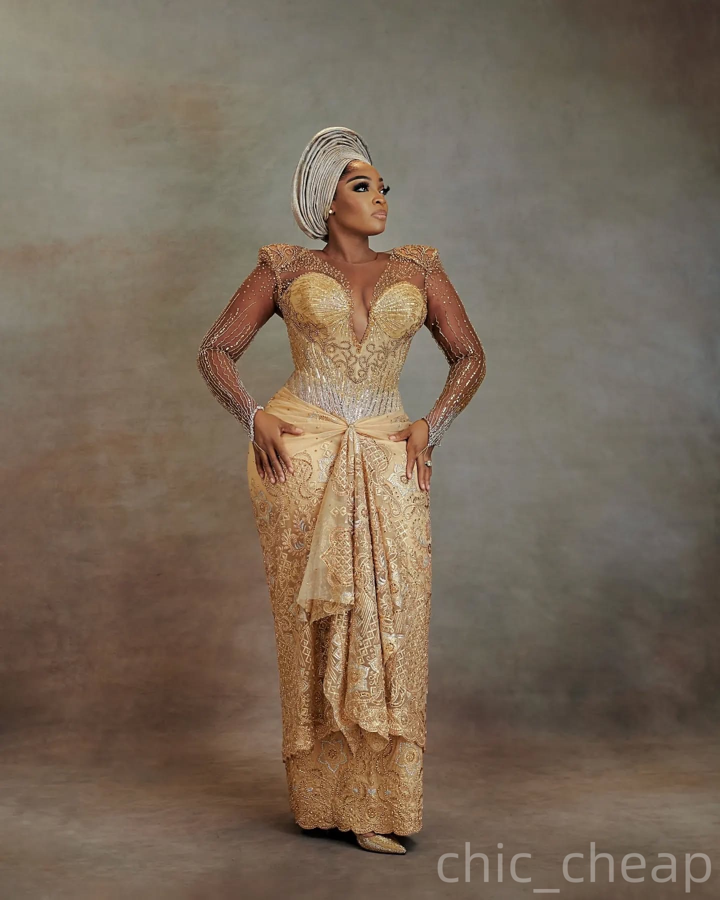 Aso Ebi Gold Sheath Prom Dresses 2025 Lace Beaded Sheer Neck Vintage Evening Formal Party Second Birthday Engagement Gowns Plus Size Dress For Special