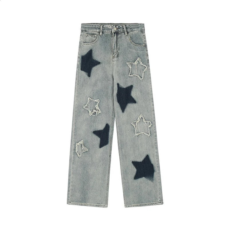 AIJUNER High Waisted Jeans Y2K Fashion Women Star Printed Blue Straight Leg Denim Pants Trousers Mom Jean Baggy 250911