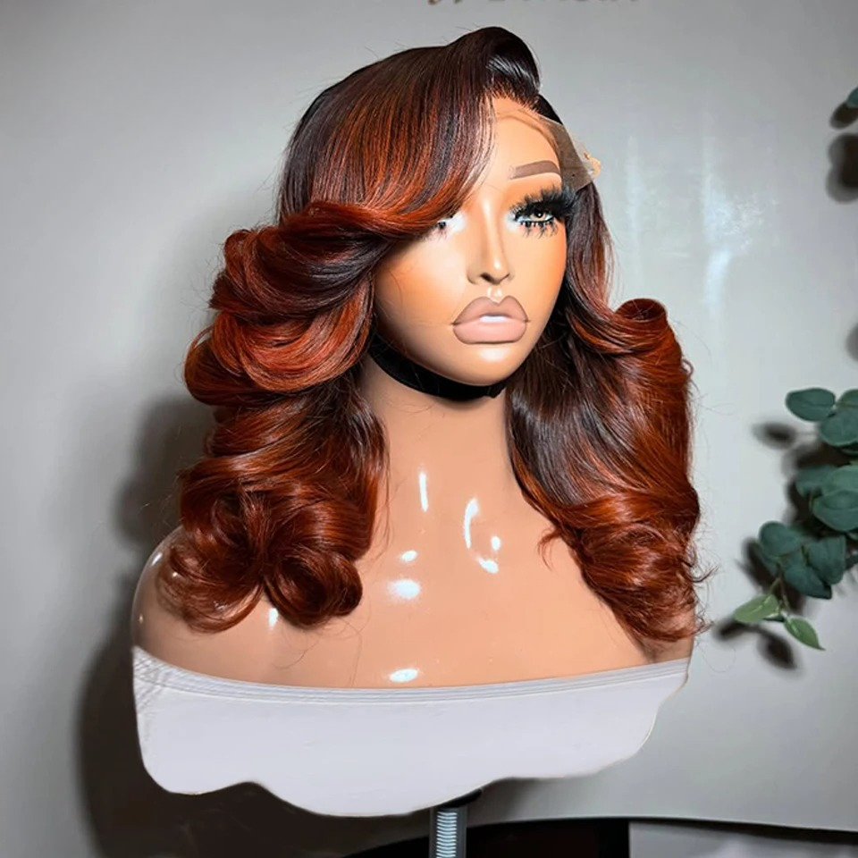 Highlight Ombre Brown Orange Body Wave Human Hair Wigs Short Bob Wig 13x6 13x4 HD Lace Frontal Wig Ginger Wig Transparent Lace Front Wig Synthetic