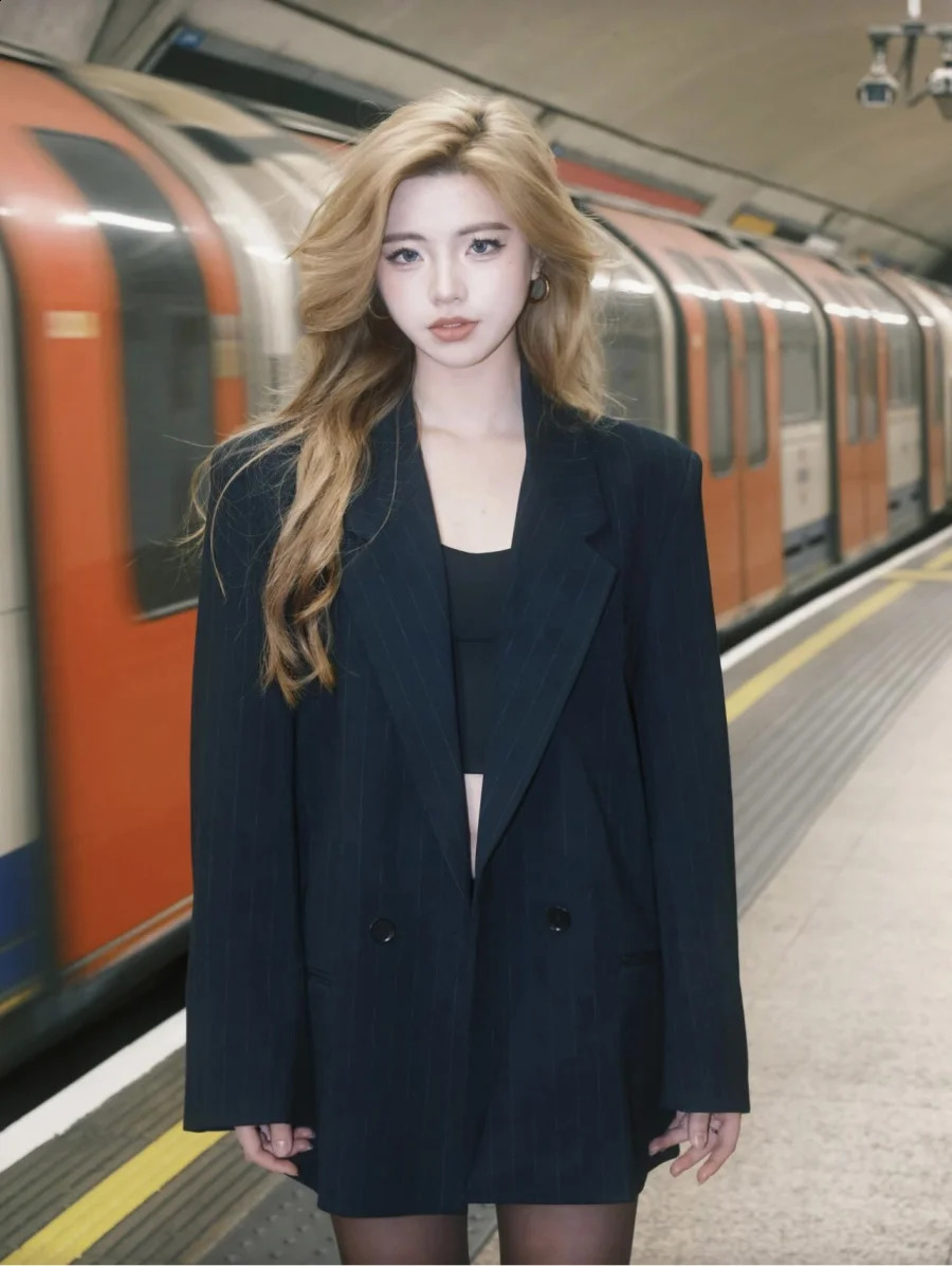 ETJ FallWinter Womens Street Fashion oversized pinstripe shoulderpadded loose suit jacket for women 250911