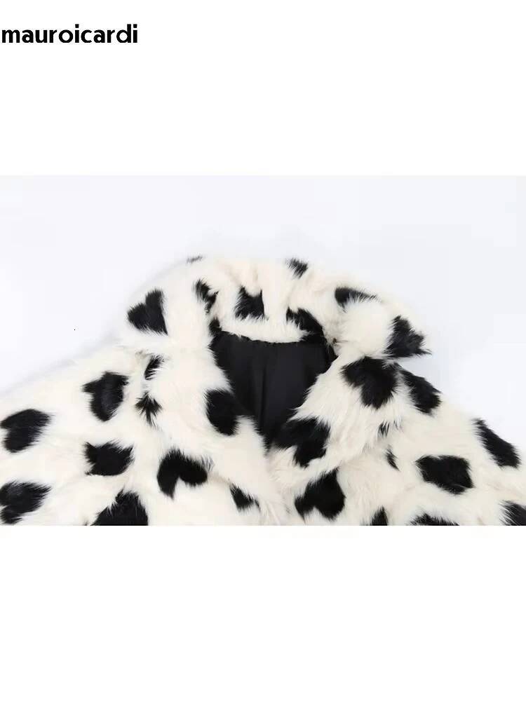 Mauroicardi Autumn Winter Extra Long Thick Warm Colorful Heart Printed Faux Fur Coat Women Sashes Stylish Furry Overcoat