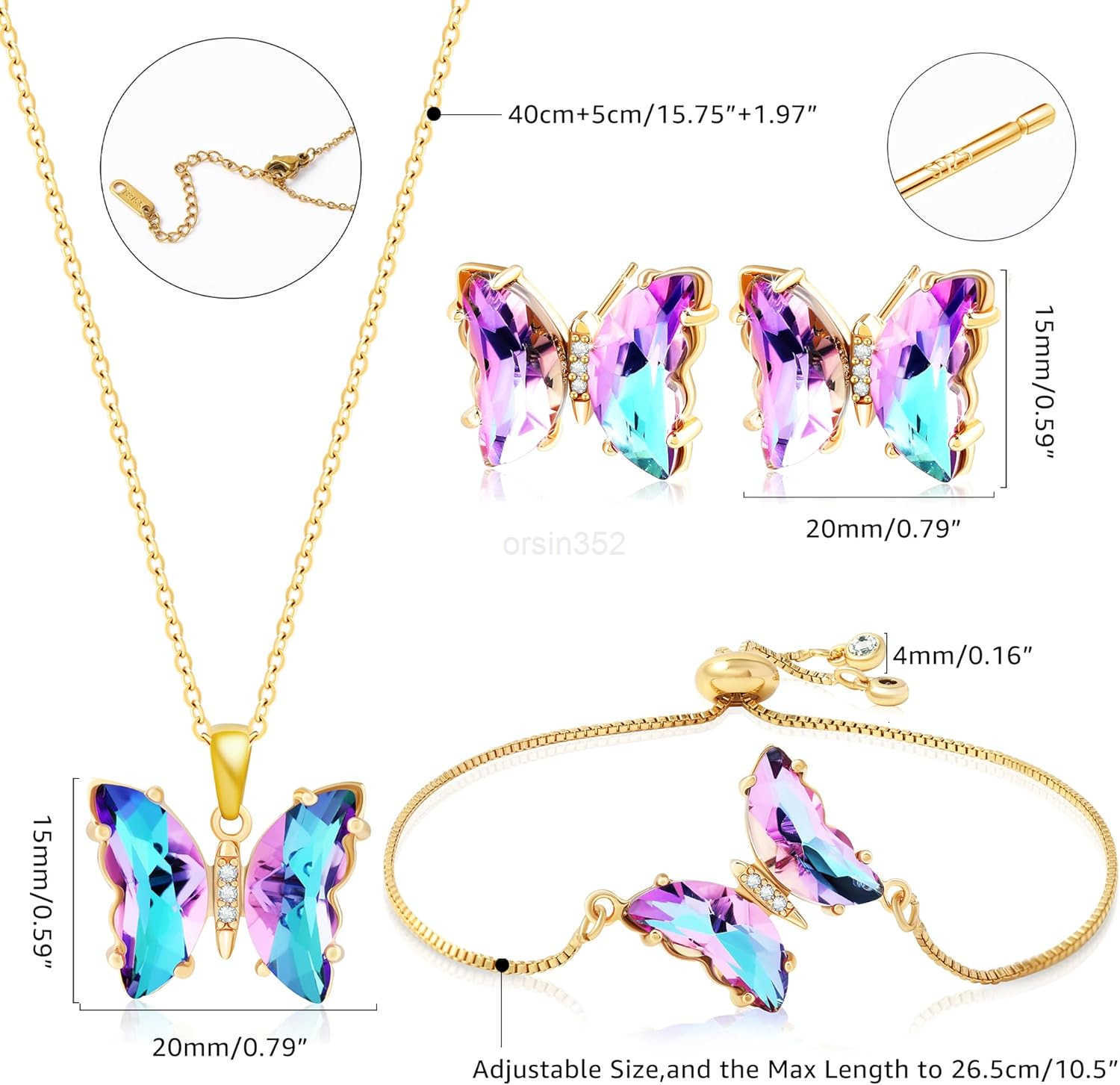 Butterfly Crystal Jewelry Set with Butterfly Necklace Stud Earrings Bolo Adjustable Ring for Women Trendy Iridescent Y2K Dainty Butterfly JeweW250911