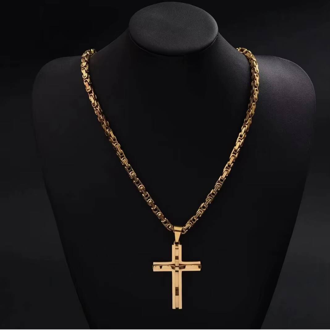 Mens Retro HipHop Style Stainless Steel Convex Cross Pendant Necklace New DoubleLayer Box Chain Fashion Accessory