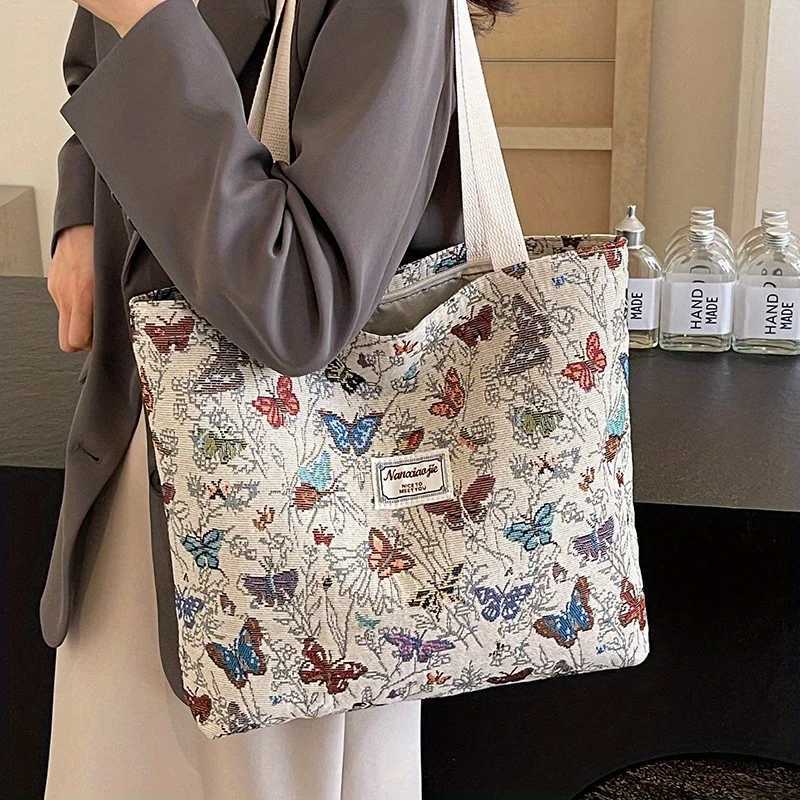 Womens Bag Butterfly Flower Print Embroidery Shoulder Bags Fashionable Canvas Handbags Large Capacity Zipper Shopping Bag Z250911