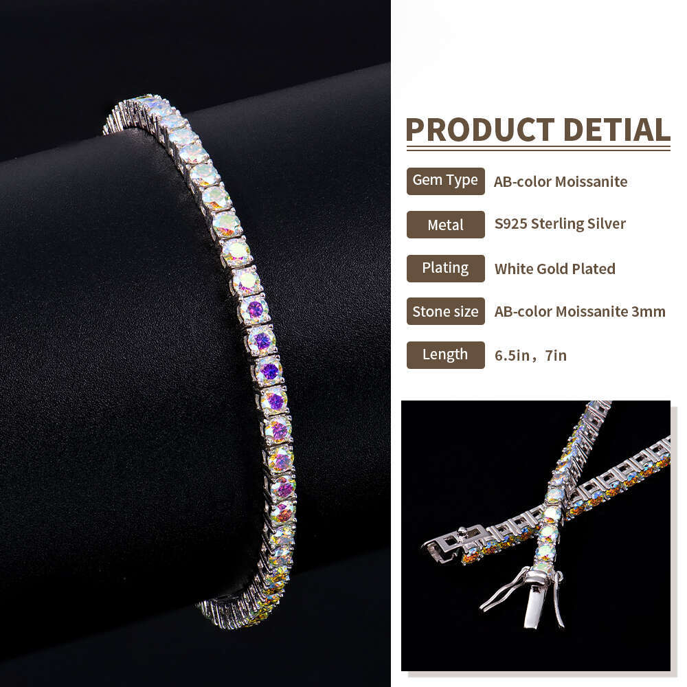 Custom Women Sier Moissanite Dia Hiphop Jewelry 3mm AB Color Iced Out Mossanite Stones Tennis Hand Chain Bracelet Men