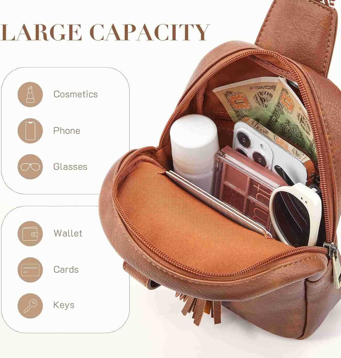 Small Sling Bag for Women PU Leather Fanny Pack Crossbody Purse Trendy Chest Bag for Travel ShoppingDaily Beige BrownW250911