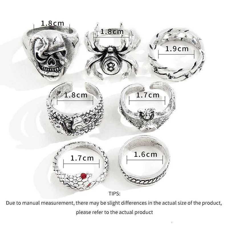 7PcsSet Punk Gothic Snake Spider Ring Set For Women Retro Rhinestone Charm Billiards Finger Jewelry W250911