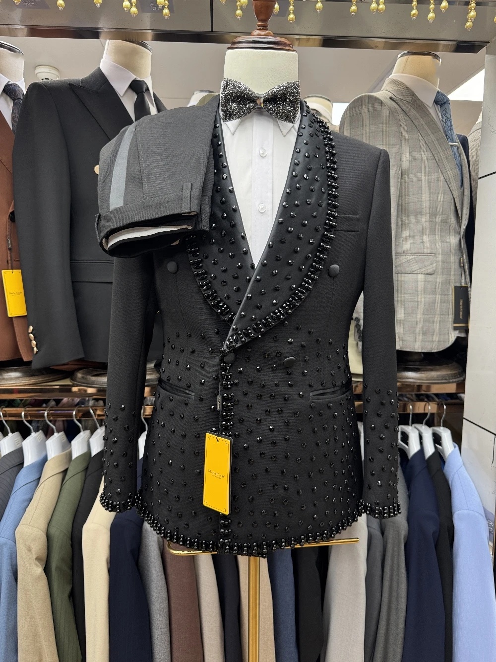 Vintage Men's Suit Crystal 2 Pieces Set Jacket Tailor-Made Blazer Double Breasted Beaded Rhinestone Groom Customized Coat Pants Plus Size