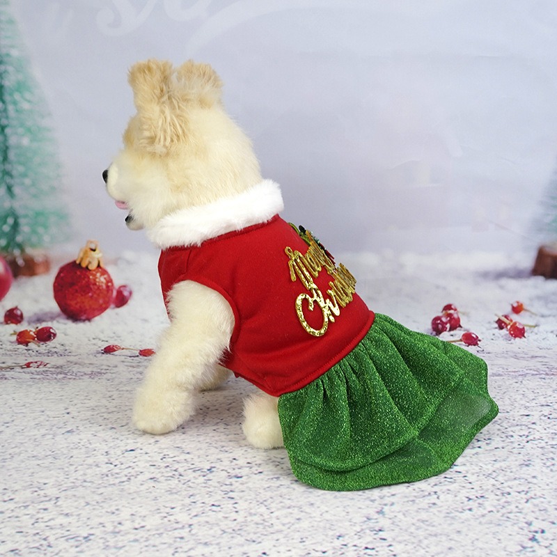 Christmas Dog Dress with Velvet & Glitter Tulle Skirt, Merry Christmas Print & Christmas Tree Decor, 4 Sizes for Dogs 1.5-8kg, Ideal for Christmas Par