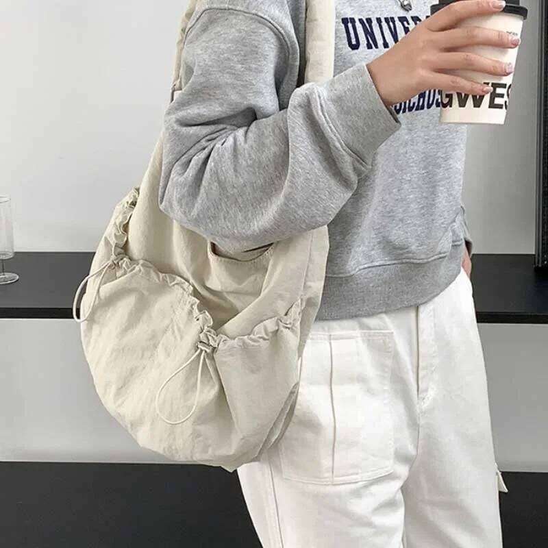 2024 Pleated Crossbody Solid Color Nylon Shoulder Bags For Women Girl Large Capacity Handbag Student Class Tote Bag