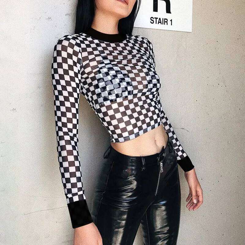 Sexy Black White Plaid Checkerboard T-Shirts For Women Hollow Out Slim Top Female T-Shirt Long Sleeve Tee Shirts