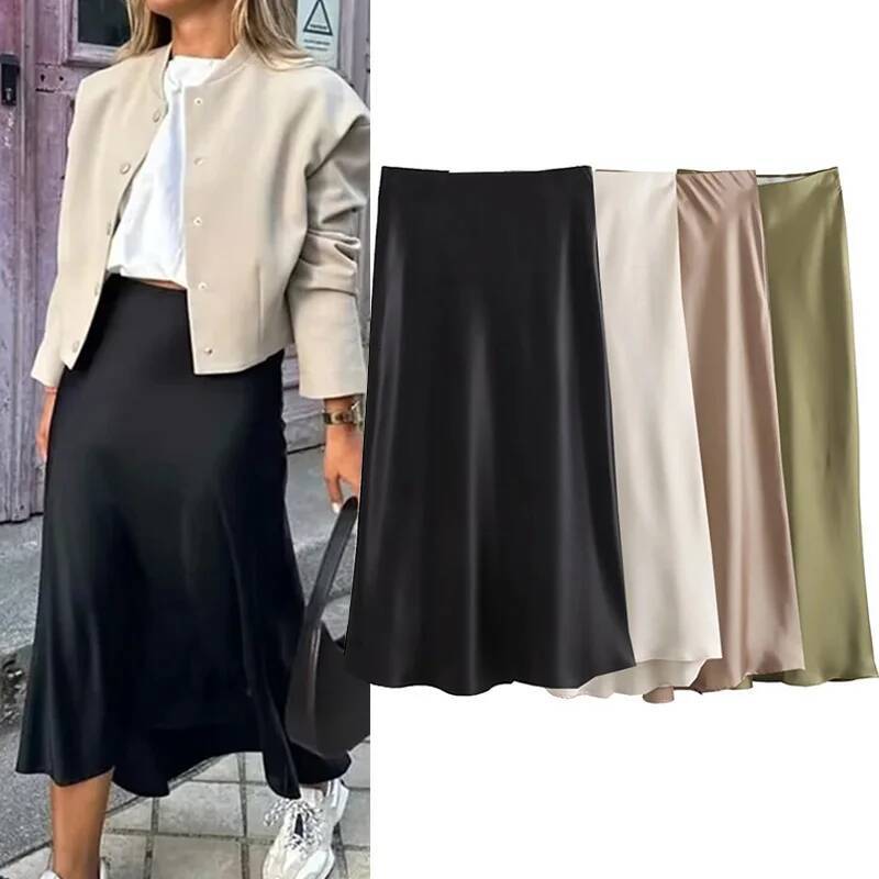 2025 Black Satin Woman High Waist Elegant Long For Women Fashion Summer Midi Skirt Office Women's Skirts dongdumaoyi
