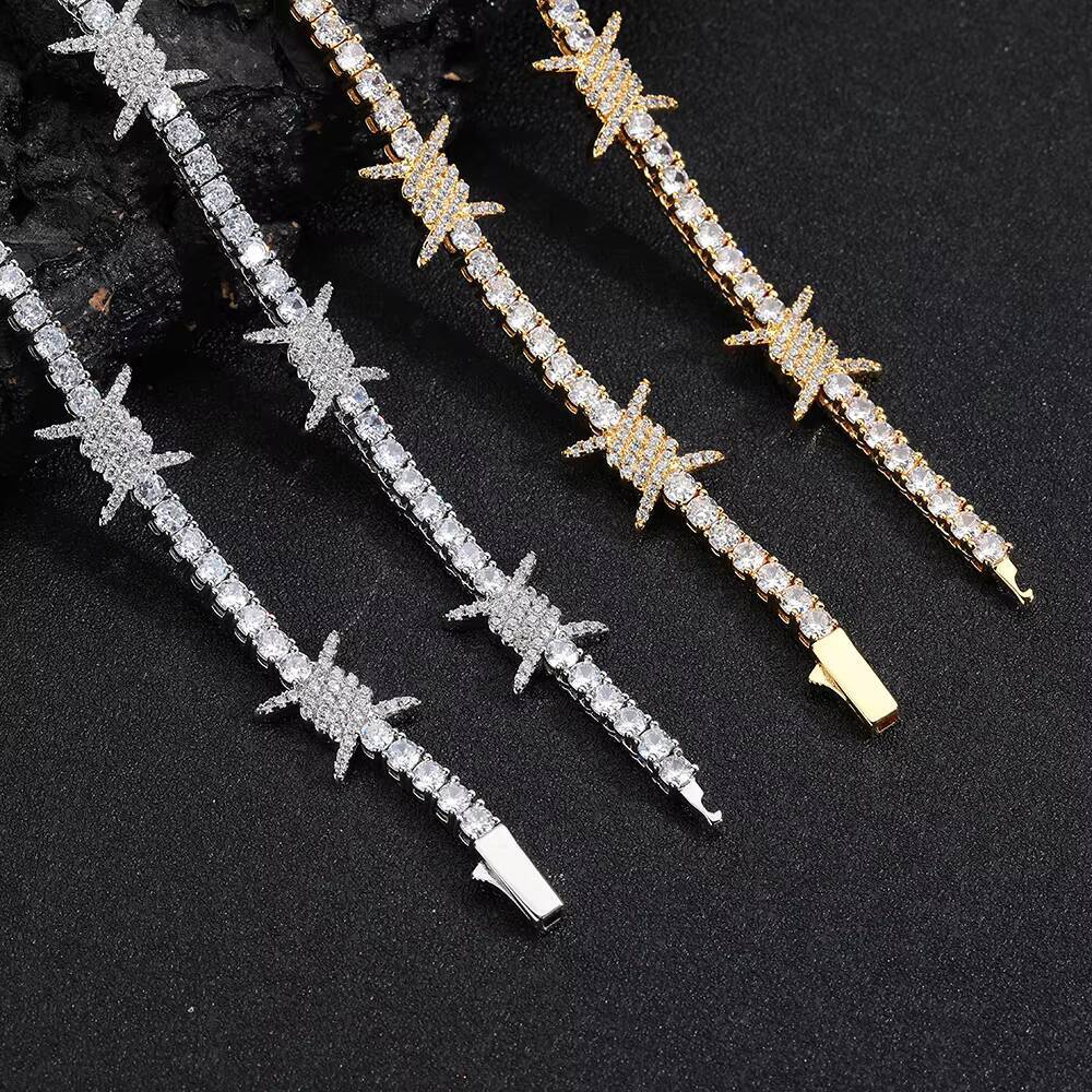 Hip Hop Jewelry Iced Out Bling Zircon Thorn Tennis Chain Womens Choker 18K Gold Plated Barbed Wire Tennis Chain Necklace