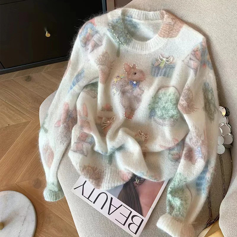 n Bunny Beadprinted Mohair Sweater Womens Autumn and Winter Sweet Soft Waxy Knitted Top y2k clothes 250911