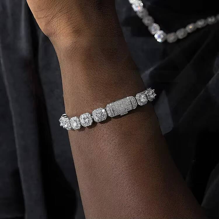 Hip Hop Jewelry 925 Silver Plated Square 10mm Moissanite Diamond Rock Sugar 925 Tennis Chain Bracelet Bangle for Men Women