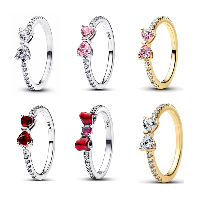 Luxury Designer Authentic Pave Setting Bowknot Pink Red CZ Diamond Rings Women S925 Sterling Silver Christmas Wedding Birthday Gifts Luxury Jewelry R094
