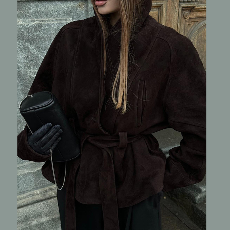 Women's Fashion Dark Brown Suede Jacket Casual Stand Collar Double Breasted Female Coat Lady 2025 Autumn Chic Street Brown Outerwear