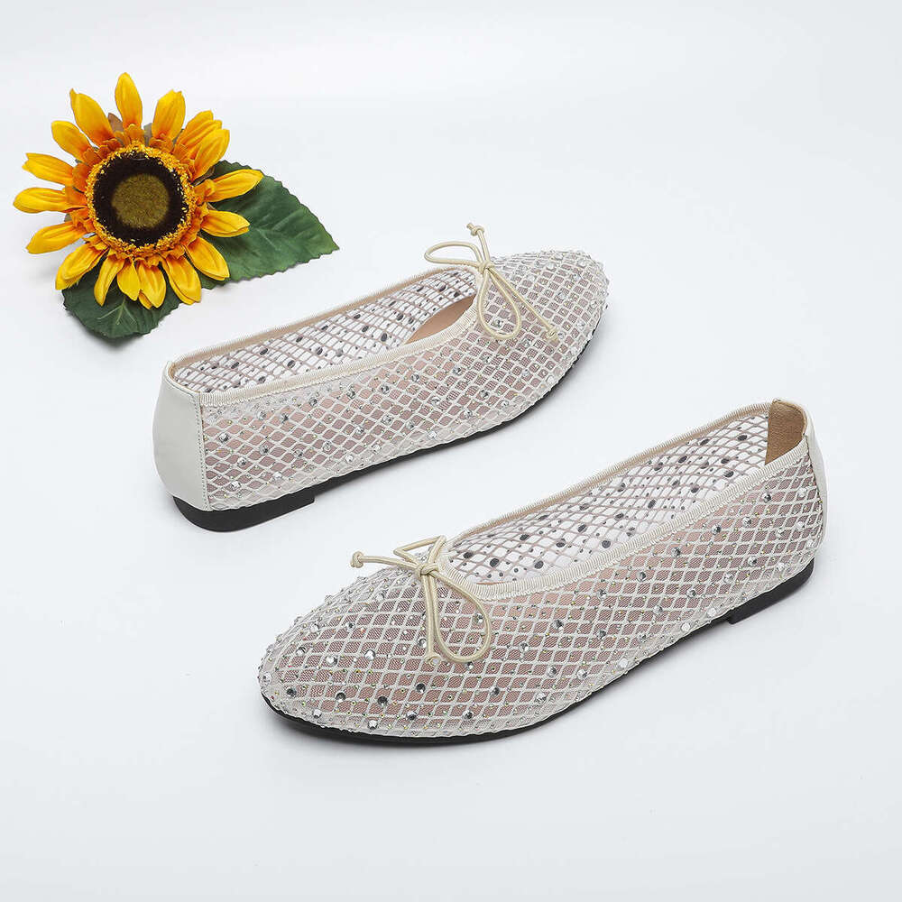 35-43 Plus Size Women's Round Toe Shallow Mouth Non-Slip Flat Shoes Mesh Designer Shoe with Rhinestones Bowknot Breathable