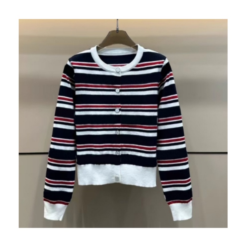 Fashion designer cardigan womens knitted sweaters autumn polo collar white long sleeved casual sweater outdoor warm striped cardigan knitted top women cardigan