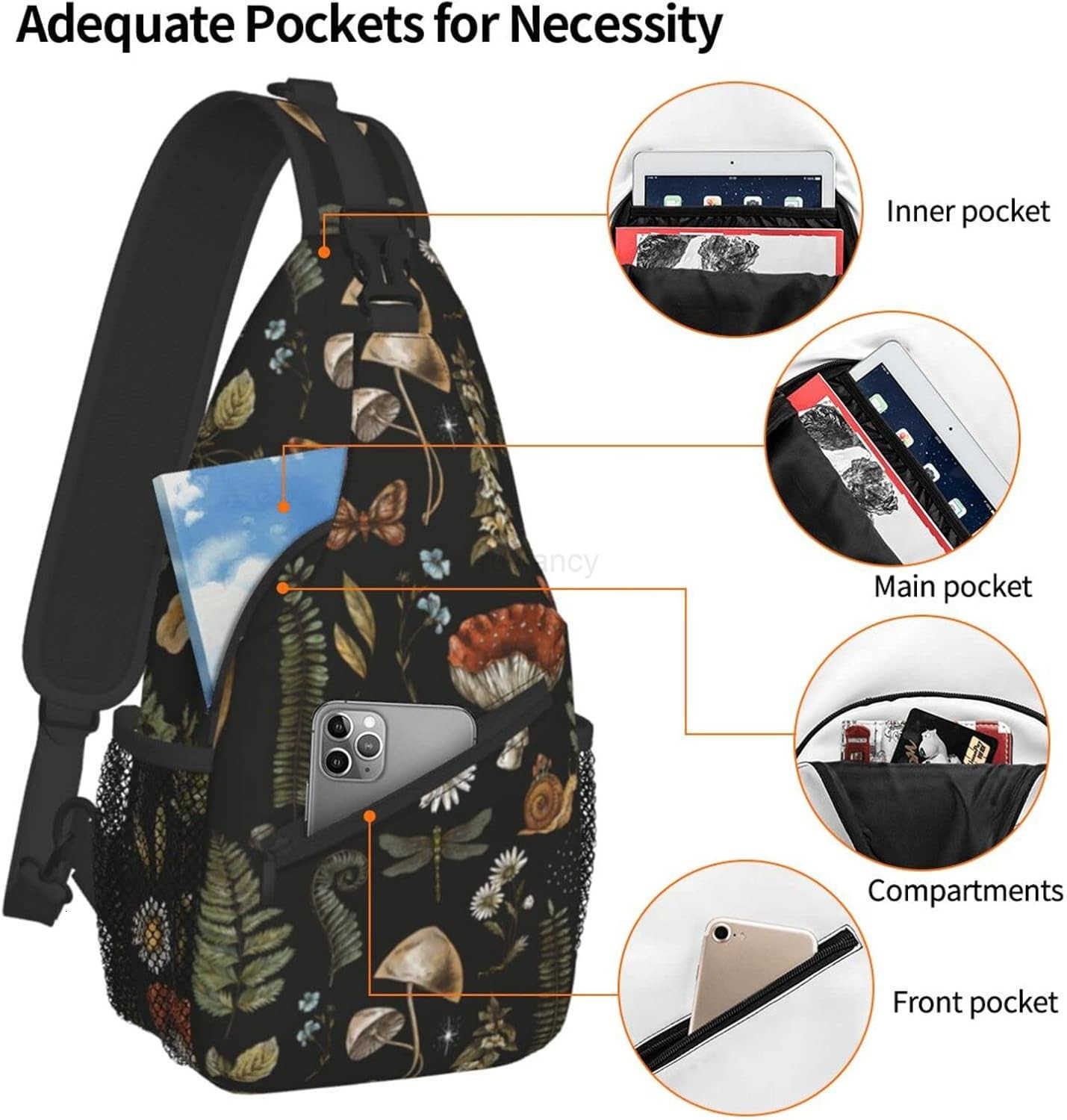 Sling Bag Vintage Mushroom Leaf Forest Hiking Daypack Crossbody Shoulder Backpack Travel Chest Pack for Men Women Over 12 Years OldW250911