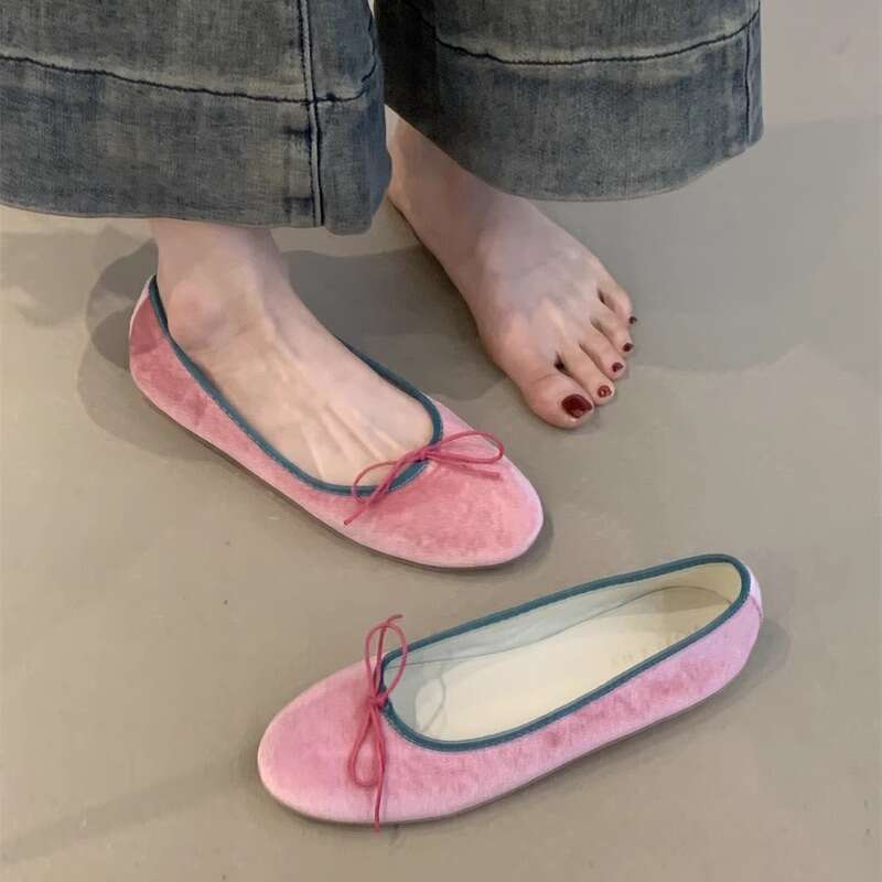 Gentle Fairy Pink Ballet Flats 2025 Korean Version Velvet Bow Round Toe Shallow Mouth Soft Sole Designer Shoe Flat Grandma Shoes