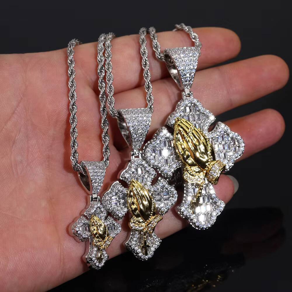 2025 New Two Tone Praying with Both Hands Iced Out Cross Pendant Necklace for Men Hip Hop Jewelry Paved Square CZ Stone