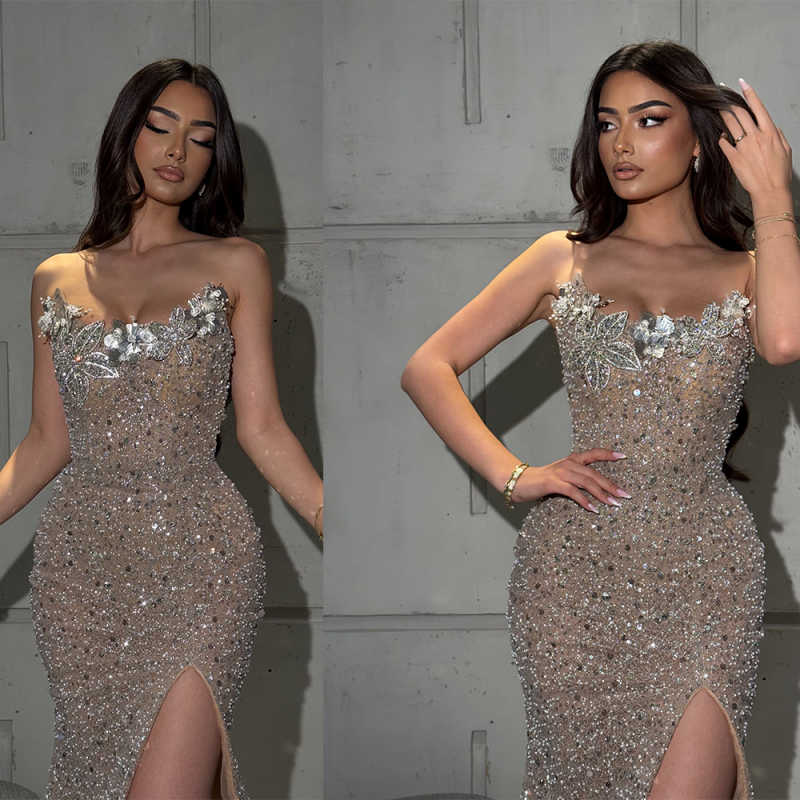 Glitter Evening Dresses Strapless Sleeveless Luxury Prom Dress Crystal Sequin Robes Cocktail Charming Vestidos De Gala Customized