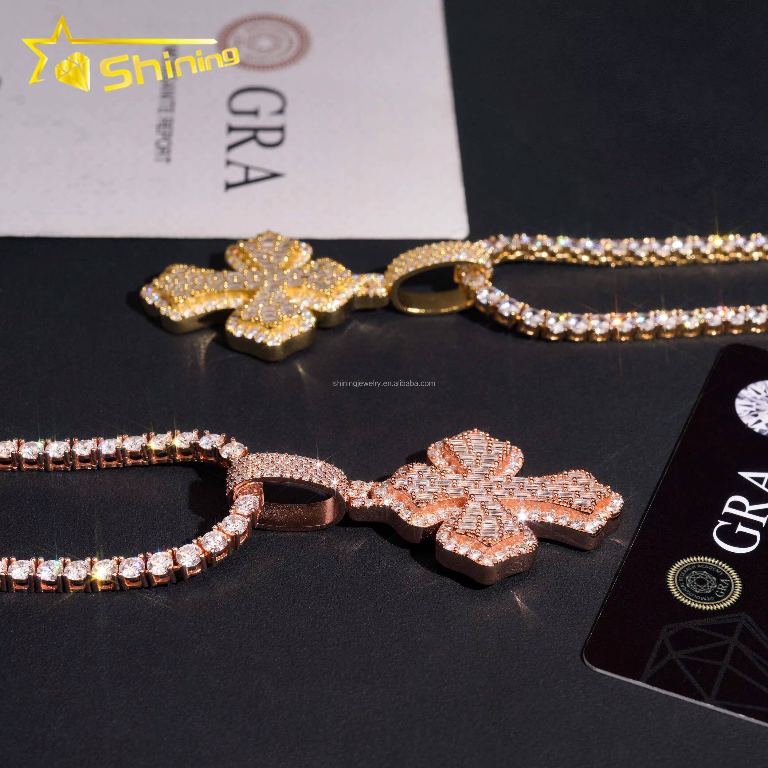New Arrivals Fire Jewelry Hip Hop Stylish Rapper FL Moissanite Baguette Diamond S925 Solid Silver Iced Out Man Cross Pendant Set