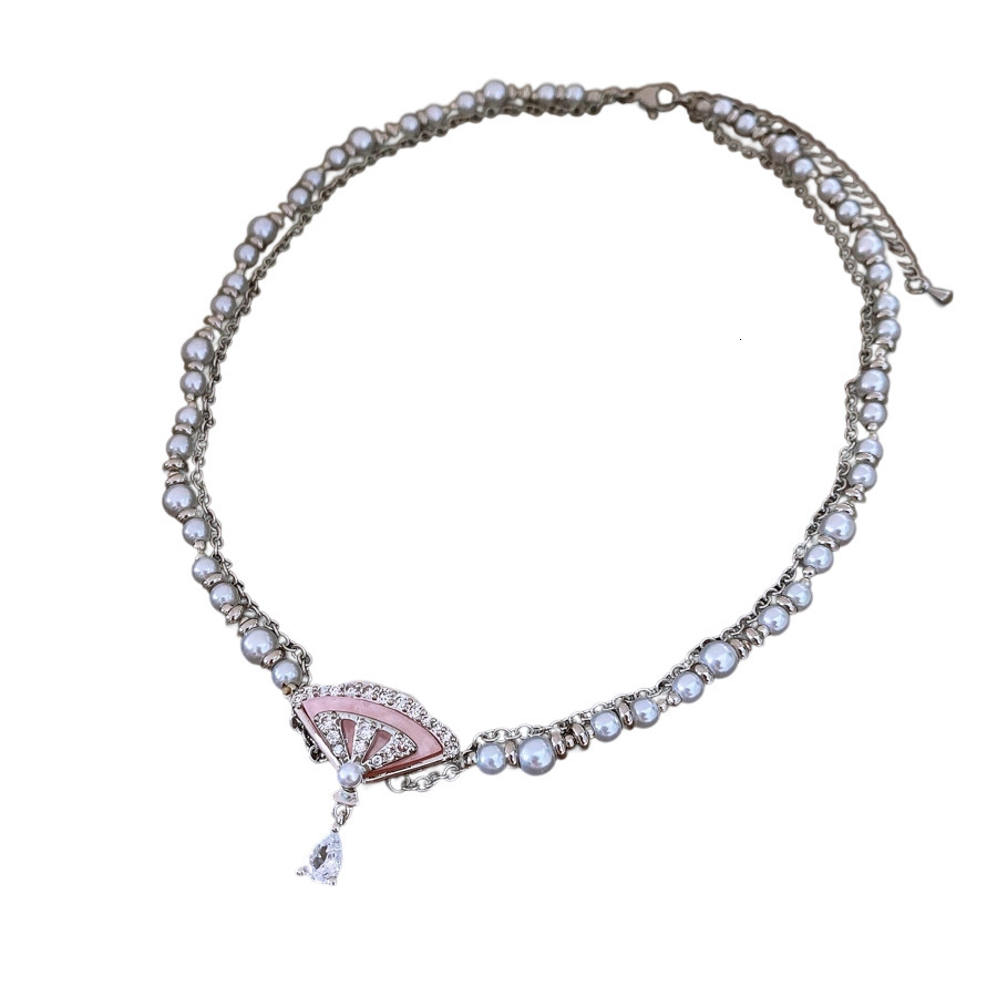 Luxury Brand Designer Jewelry Light Luxury Zircon Pearl Fan-Shaped Water Drop Necklace French Retro Versatile Collarbone Chain Niche High-End Sense Ne