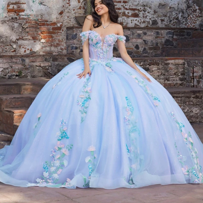 Sky Blue Quinceanera Dresses Ball Gown Off The Shoulder Applique Lace Beading Crystal Tull Party Birthday Sweet 16 Dress Vestidos 15 De Anos