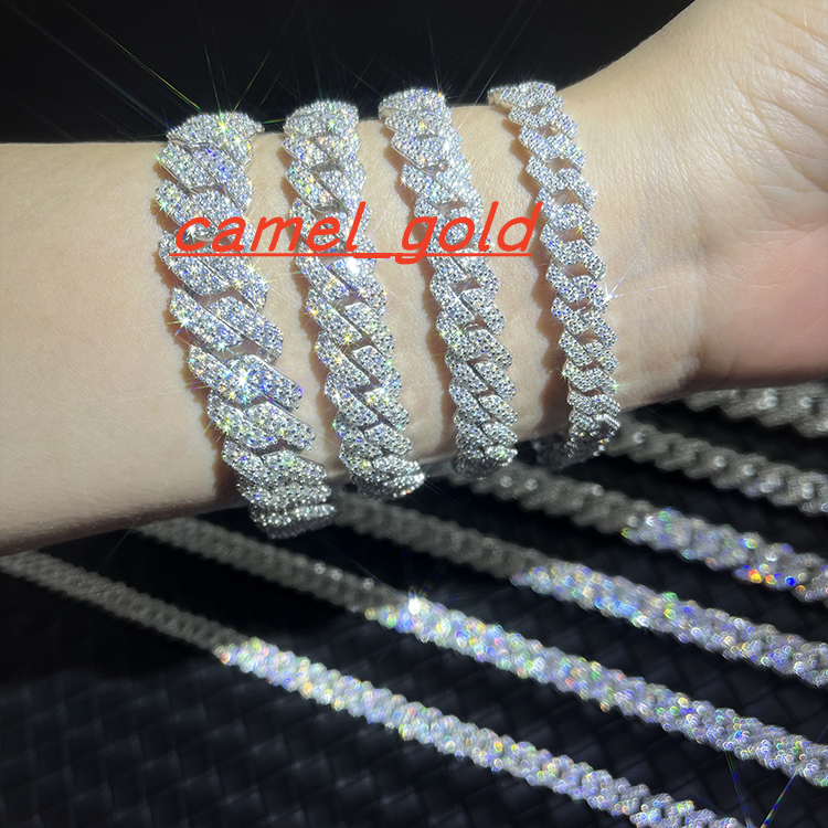 8MM20MM Wide S925 Silver Gold Plated Iced Out Moissanite Diamond Bracelet for Hip Hop Jewelry