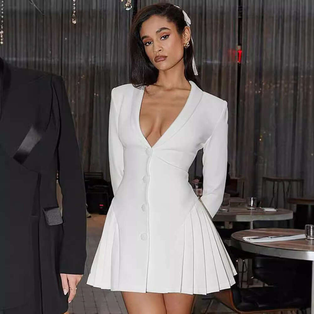 Women's Autumn Winter Solid Color Long Sleeve Pleated Sexy Deep V-neck Blazer Dress