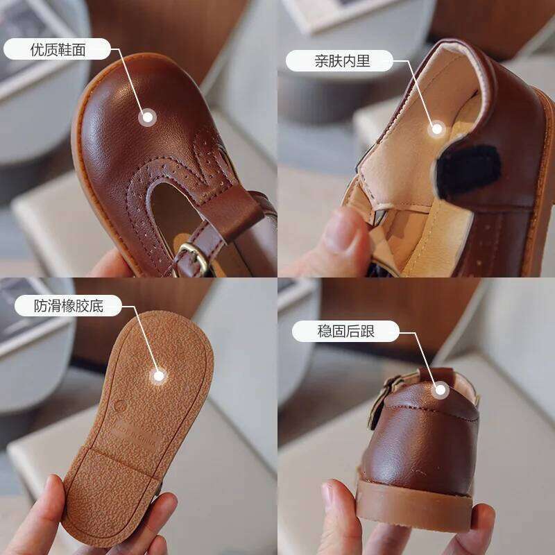 Children Mary Janes British Style T-strap Three Colors Vintage 21-30 Little Girl's Leather Shoes All-mtach School Kids Flats