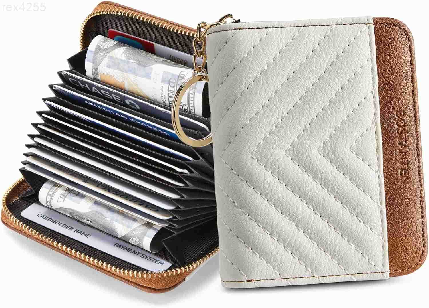 Credit Card Holder Wallet RFID Blocking Leather Small Wallet for Women Zipper Keychain Wallet with Wristlet BeigeBrownW250911