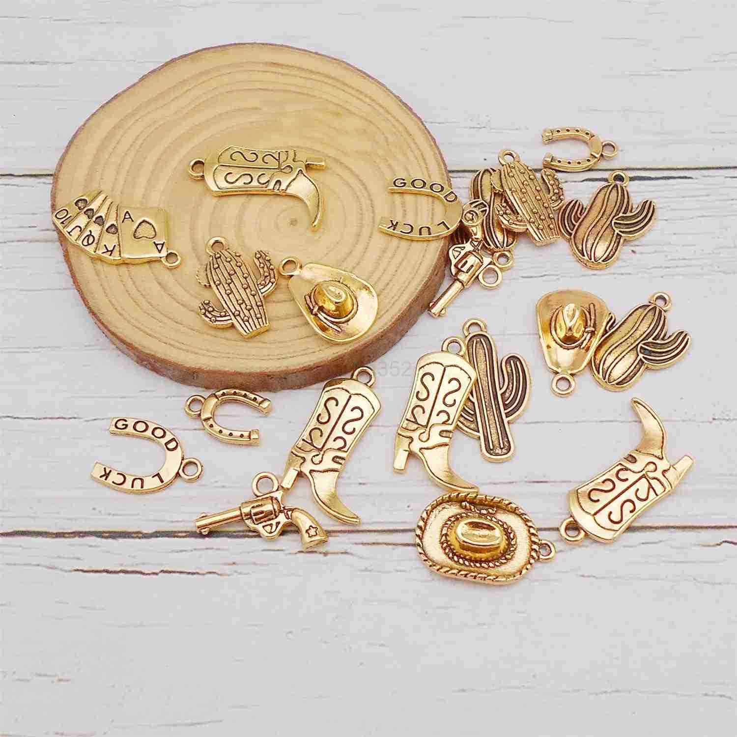 Wang 100 Grams Alloy Western Cowboy Cowgirl Charms Antique Silver Gold Color Boot Hat Pendants for Necklace Earrings Jewelry Making Women Gifts CraftW