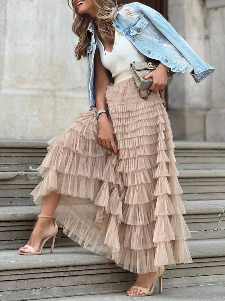Solid Multilayer Ruffle Mesh Women Boho High Waist Long Maxi Tulle Skirt Spring Summer Party Women's Clothing dongdumaoyi