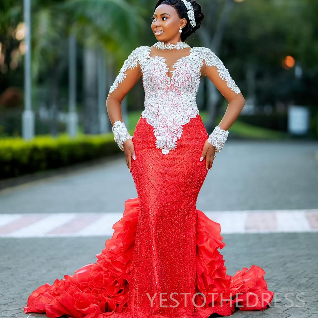 2025 Plus Size Red Prom Dresses For Black Women Mermaid Evening Dresses Formal Gowns High Neck Long Sleeves Beaded Lace Birthday Dress Second Receptio