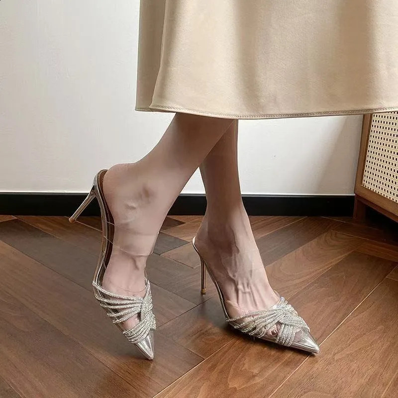 Women High Heeled Sandals 2025 Summer Clear PVC Silver Crystal Pumps Sexy Pointed Toe Banquet Shoes for 250911